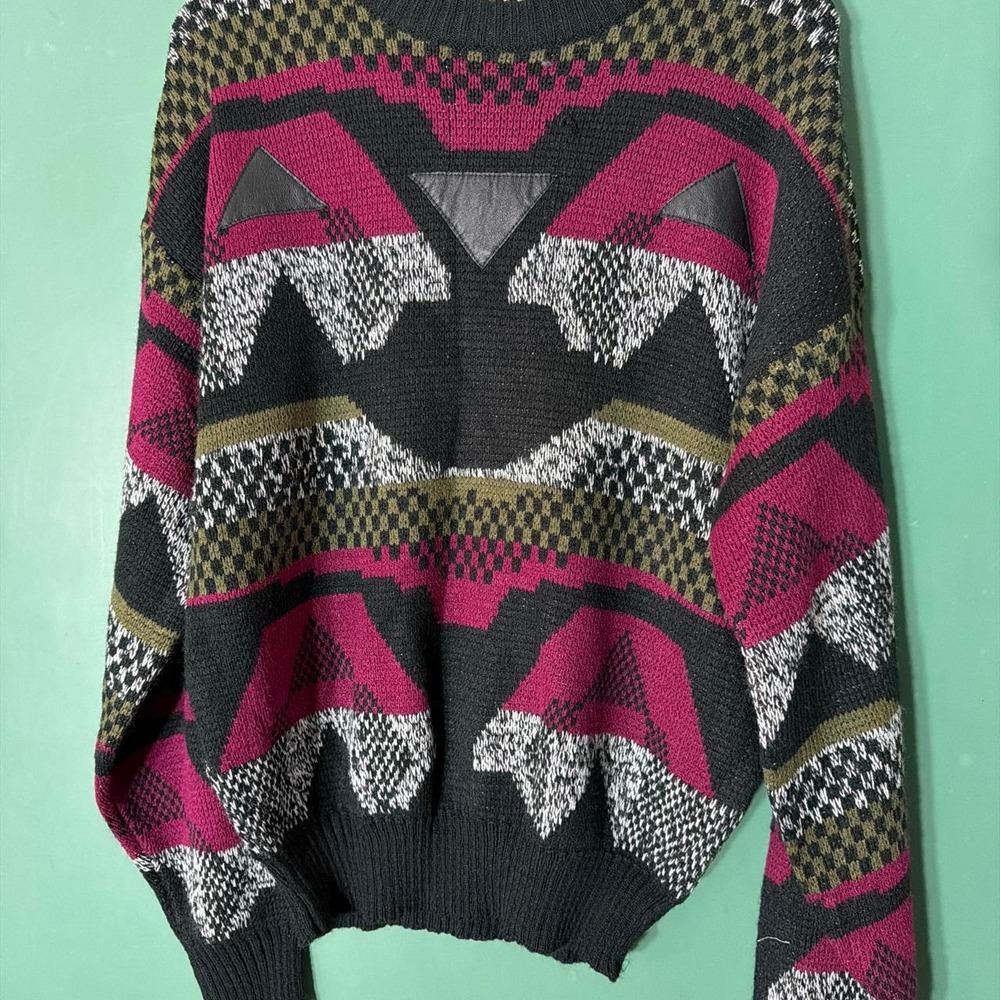 Vintage Campus 80s Geometric Acrylic Sweater Leather Patches Magenta Black Large